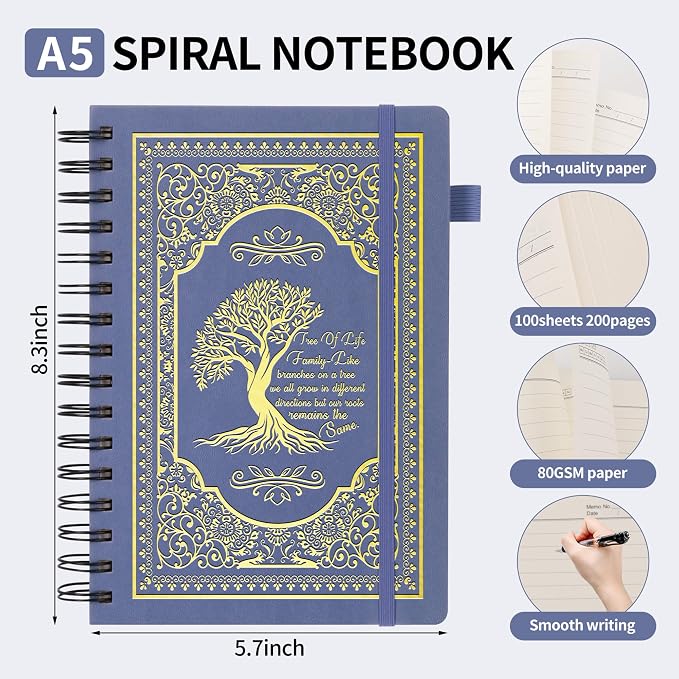 A5 Hardcover Spiral Notebook Tree of Life Journal Daily Journals for Writing Travel Notebooks Journal for Women Men 80GSM Paper Leather Spiral Journal,5.7"x8.3"（Spiral Tree -Purple)