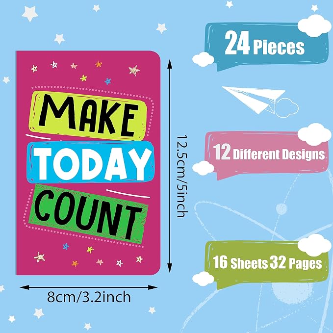 Cinrobiye 24 Pcs Mini Colorful Notebooks, Funny Motivational Journals Notepads Inspirational Notepads Small Pocket Notebook for Kids Teacher School Office Gift Bulk Prizes Travel Supplies (Colorful)