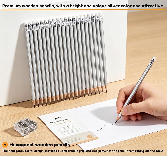 Adhere 25pcs Woodcase Pencils with Eraser Premium Pre-Sharpened Hexagon Graphite 2B pencils ideal for home, office writing including a Free Sharpener (Silver・25pcs)
