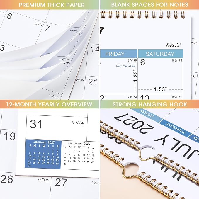 2027 Wall Calendar - Jan 2027 - Dec 2027, 12 Monthly Hanging Calendar 2027 Planner, 15" x 11.5", Spiral Binding, Yearly Overview, Holidays, Large Blocks, Perfect Organizer for Home & Office