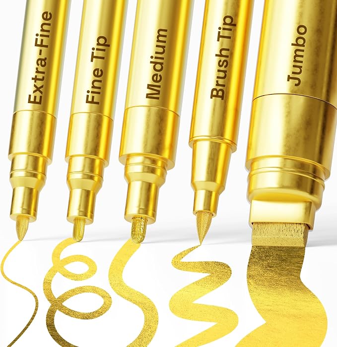 ARTISTRO Gold Paint Pens - Various Tips - Set of 5 | Acrylic Paint Markers, Water-Based, For Rock, Glass, Ceramic, Wood, Tire, Fabric, Metal, Canvas, Marking, Painting