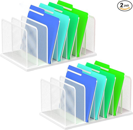 Kuntine.B Desk File Organizer Upright Mesh Desktop Organizer File Sorter Office Organization File Holder for Home, Office & Classroom (White, 2 Pack 7-Section)
