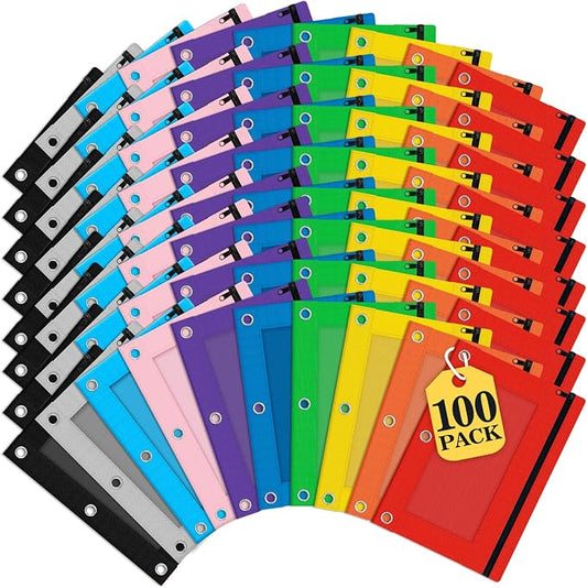 Pencil Pouch for 3 Ring Binder, 100 Pack Bulk Zipper Pencil Cases with Clear Window, 10 Assorted Color Cloth Binder Pouches with 3 Holes, Durable Pencil Bags for Classroom School Office Supplies