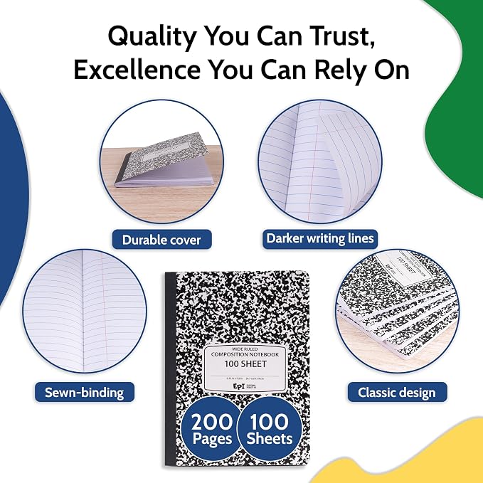 48 Pack - EPI Marble Hardcover Wide Ruled Composition Notebook | 200 Pages (100 Sheets), 9.75 x 7.5 in, Sturdy Sewn Binding | School, Office, Journaling, Notes