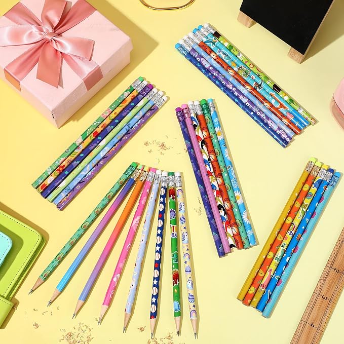 Sabary 100 Pcs Assorted Wood Pencil Bulk 50 Styles #2 HB Colorful Novelty Fun Dinosaur Animals Fruits Sports Pencils with Erasers for Teacher Reward