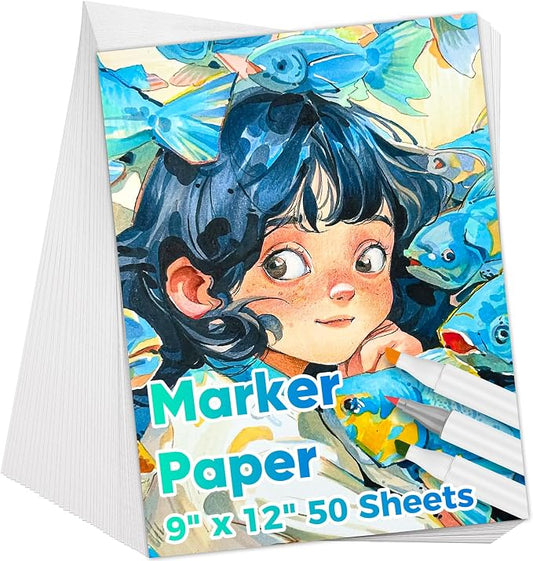 Marker Paper 9" x 12", 50 Sheets Alcohol Marker Paper, Loose Drawing Paper | 73lb/120gsm Smooth Painting Coloring Paper, Art Supplies for Kids Adults, Teacher Marker Pad Sketchbook, Classroom Must Have