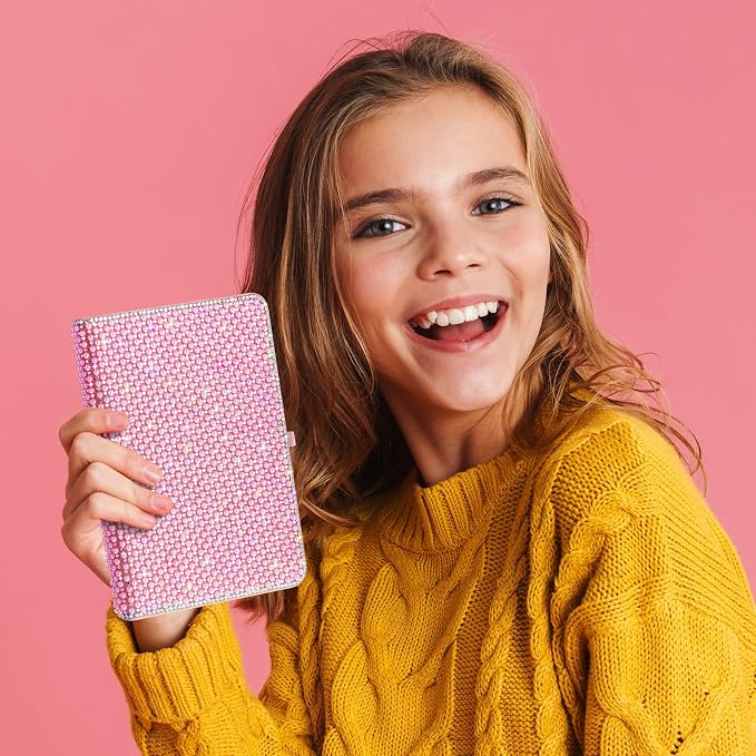 Resholder Rhinestone Pen & Glitter Notebook Set, Hard Cover Bling Diary Journal for Girls, Cute School Supplies for Back to School, Sparkly Desk Accessories Gift for Women(Pearl,A5,Pink)