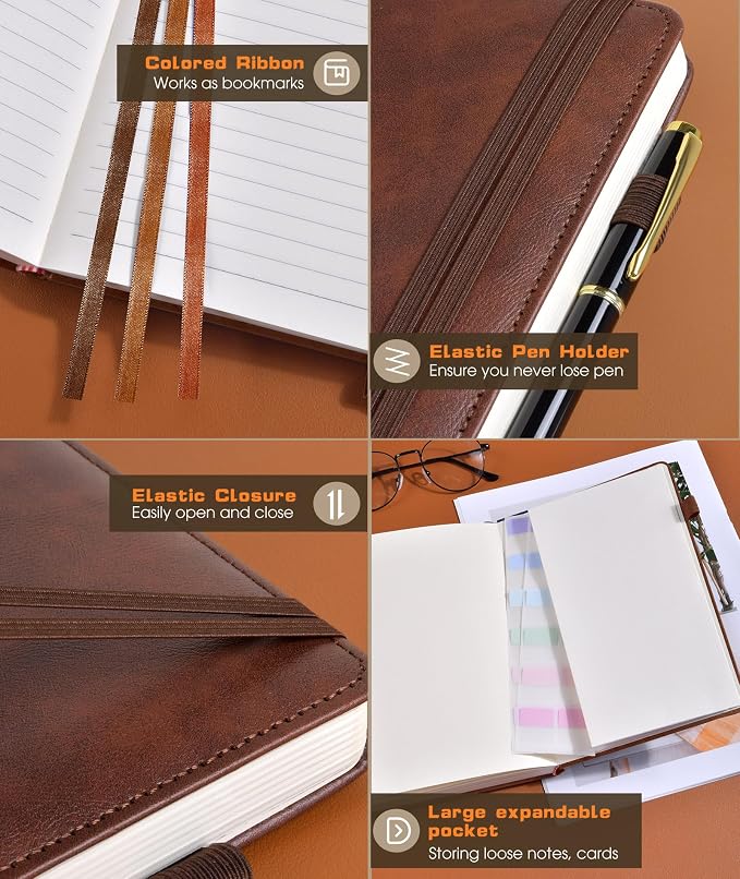Lined Journal Notebook for Women Men, 256 Numbered Pages Hardcover Leather Journals for Writing, A5 Journaling Notebooks, College Ruled Journal for Business Work School Note Taking 5.75" x 8.38" Brown