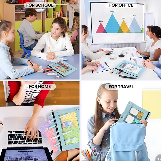 Lanpn Pencil Pouch for 3 Ring Binder 6 Pack, Pastel Binder Pen Bags with Zipper, 3 Holes Pencil Holder Stationary Organizer for Boy Girl Kids School Student, Reinforced Grommets & Clear Window, Blue