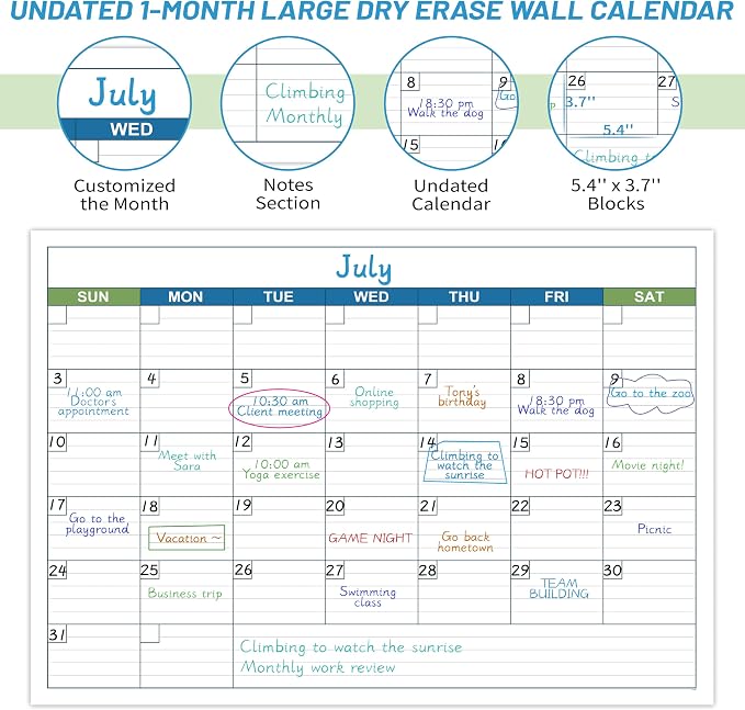 Large Dry Erase Calendar - Undated 1 Month Dry Erase Calendar for Wall, 40" x 28", Erasable & Reusable Laminated Dry Erase Wall Calendar with 10 Round Stickers, Large Space for Office