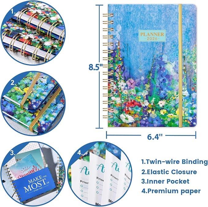 2026 Planner - Planner Weekly and Monthly 2026, JAN. 2026 - DEC. 2026, 6.4" x 8.5", 2026 Calendar Planner with Monthly Tabs, Sturdy Cover, Premium Paper, Back Pocket, Strong Twin-wire Binding