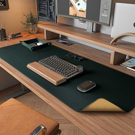 DAWNTREES Dark Green Desk Mat,Leather Desk Pad,35.5"x17",Cork Desk Mat Protector,with PU Leather Valet Tray Organizer,Large Mouse Pad,Desk Writing Pad for Office and Home