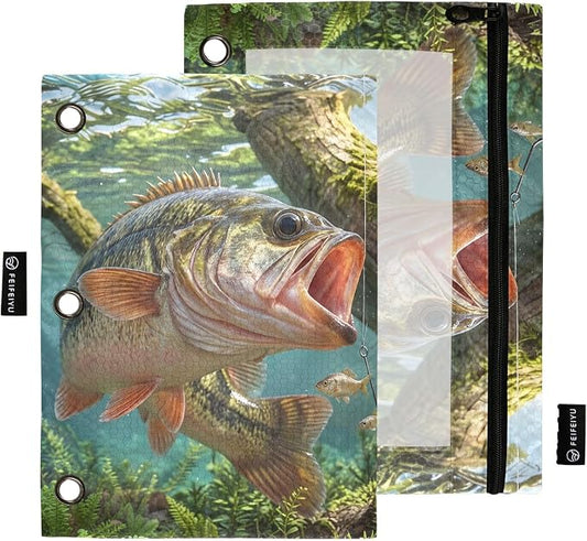 Largemouth Bass Fish Pencil Pouches for 3 Ring Binder, Zipper Binder Pencil Case, 2 Pack Clear Window Case Bag for Office Organizers