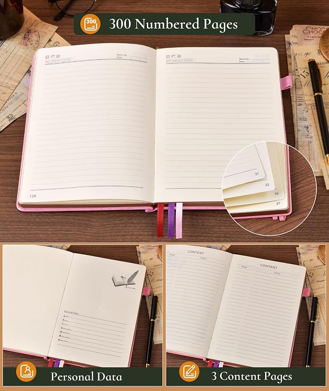 PAIBAS Vintage Leather Journal with 300 Numbered Pages,B5 Lined Journal for Men Women,Daily Journals for Writing,College Ruled Notebook for Work,School,Note taking,Travel Diary,Large (7" x 10")