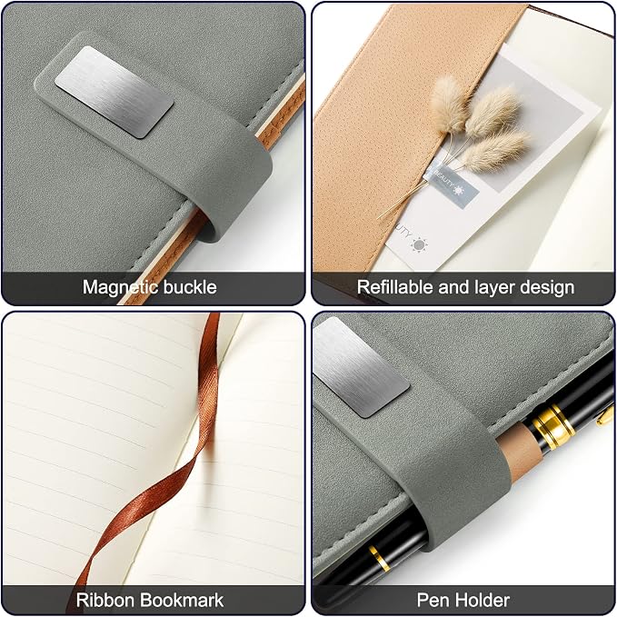 A5 Lined Leather Notebook and Pen Set with Gift Box, 240 Pages Refillable Journal with Pocket and Magnetic Buckle, Hardcover Daily Diary for Men and Women Business Travel Personal Writing- Gray
