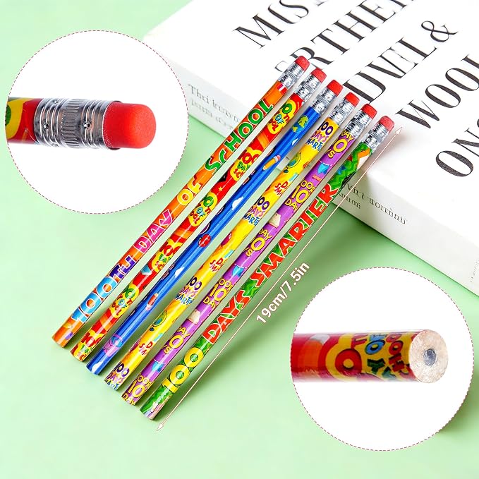 48PCS 100th Days of School Wooden Pencils with Erasers, Novelty Awards Incentives Pencils, Assortment colorful pencil for School Office Giveaways Party Supplies (100th Days)