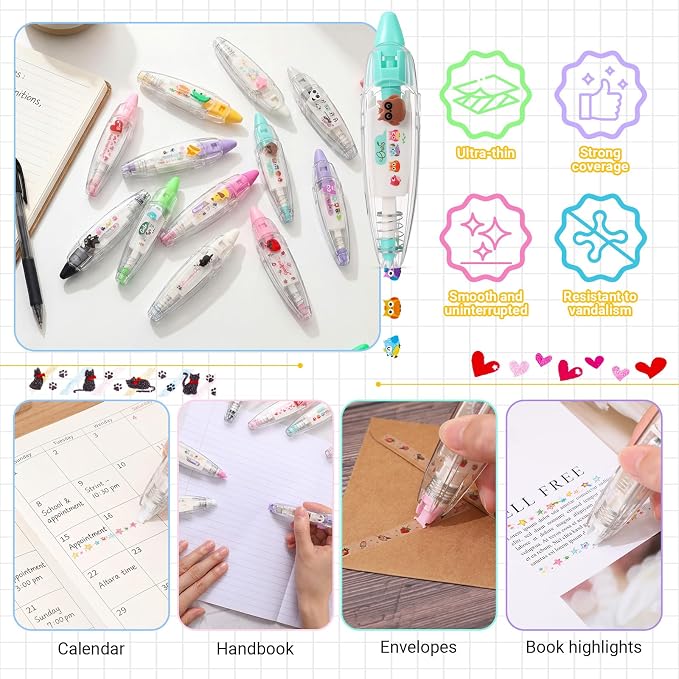 12 Pcs Decorative Tape Pen, Cartoon Animals Press Type Correction Tape, Decorative Roller Pen DIY Creative for Back to School Gifts, Rewards, Scrapbooking, Christmas Stocking Stuffers