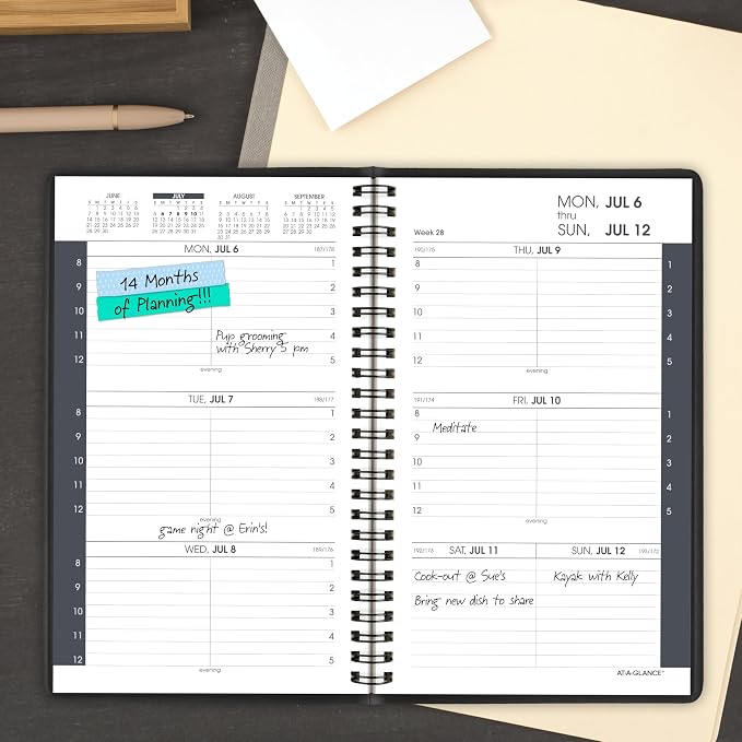 AT-A-GLANCE Planner 2026-2027 Weekly Academic 14-Month July-August Hourly Appointment Book, 5" x 8", Black (7010105)