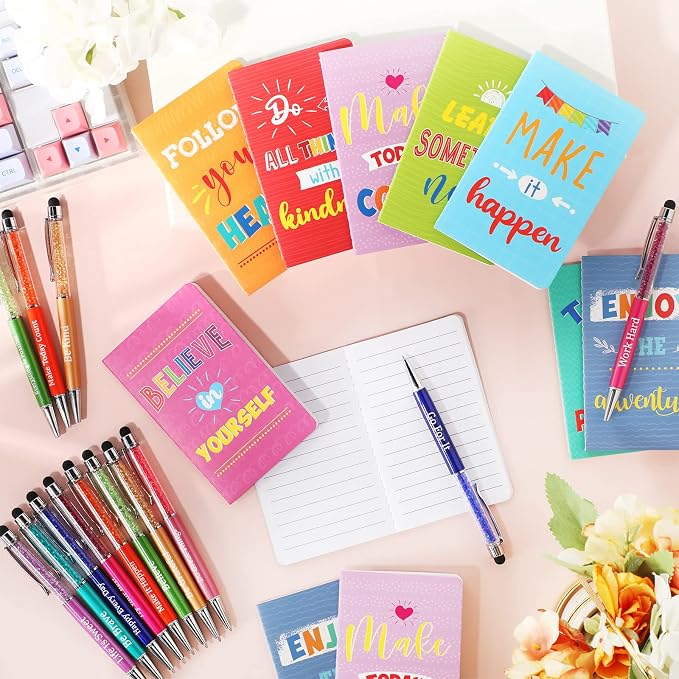 Funrous 32 Pcs Motivational Quote Pens Inspirational Notepads Mini Journal with Ballpoint Pen Small Notebooks Gift for Men Women Coworker Adult Party Favors Prize Teacher Student Office(Colorful)