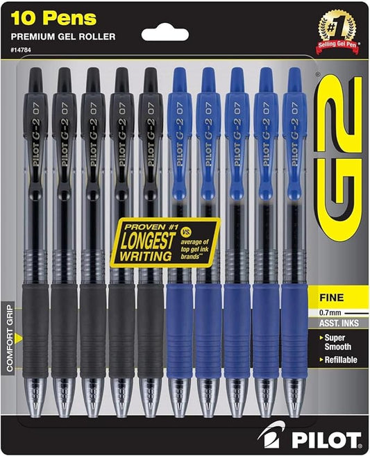 PILOT G2 Premium Gel Pens, 0.7mm Fine Point, Pack of 10 | Refillable & Retractable, 5 Black & 5 Blue Ink Pens