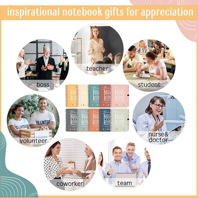 Jetec 20 Pcs/10 Sets Back to School Teacher Gifts Motivational Spiral Notebook with Sticky Notes Pen Bulk Inspirational Journals Thank You Gift for Employee Coworker Birthday Party (Light Morandi)