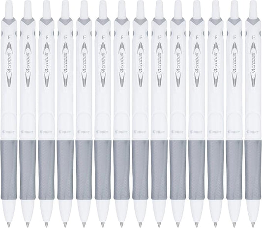 Pilot Acroball PureWhite Advanced Ink Refillable & Retractable Ball Point Pens with Silver Accents, Fine Point, Ballpoint Pens, Black Ink, 0.7mm, 14-Pack