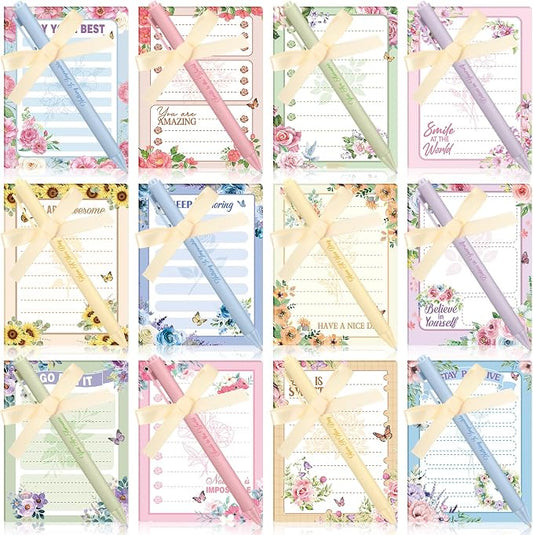 Eaasty 48 Pcs Floral Inspirational Notepads and Pens with Ribbon Bulk, Positive Affirmation Stationery Back to School Gifts for Students, Teachers, Classroom Rewards, Office Appreciation, Party Favors