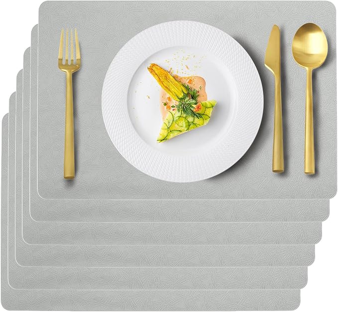 Gray Plastic Placemats Set of 6, Faux Leather Waterproof Table Mats | Light Gray Vinyl placemats,Wipeable and heat resistant table mats.Easy to clean,great for indoor and outdoor