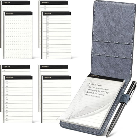 WEMATE 10 Pieces Small Notepad Holder Set Pocket Notebook 3 x 5 Inch (Grey) | Included Mini Pocket Notepad Holder Set with 8 Memo Book Refills and Metal Pen for Meetings, Daily Records