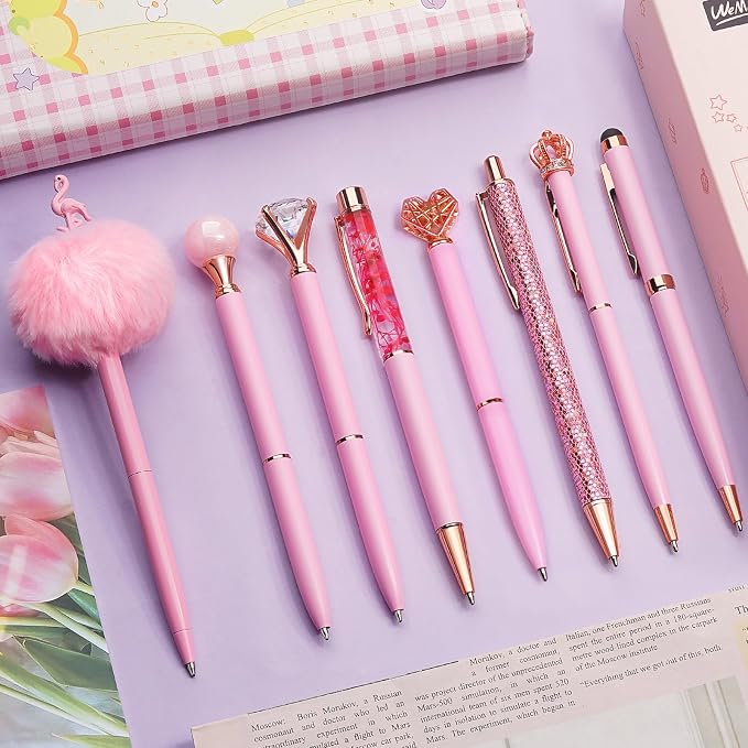 WEMATE 8Pcs Pink Pens, Metal Crystal Diamond Pens with Black & Blue Ink | Fancy Pens for Journaling, Office & Gift Supplies for Women Girls, Birthday and Back to School