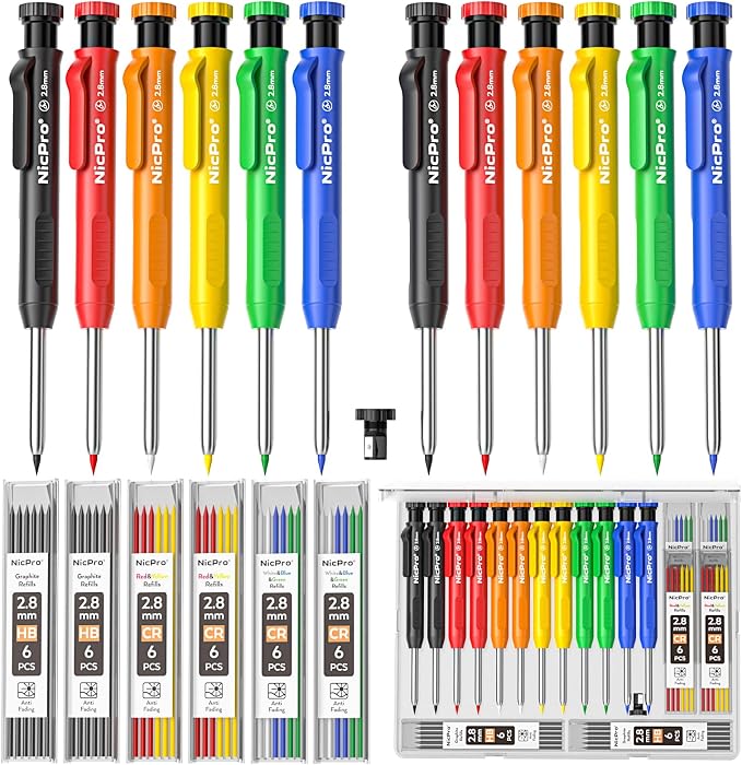 Nicpro 12 Pack Carpenter Pencil with Sharpener, Mechanical Pencils Set with 52 Refills, Deep Hole Marker for Construction, Heavy Duty Woodworking Tools for Architect (Red, Black, Yellow, Blue, Orange)