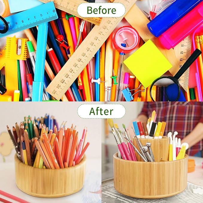 Utoplike Bamboo Rotating Art Supply Desk Organizer, Pencil Holder Desktop | Desktop Storage Caddy for Pen, Colored Pencil, Crayon, Paint Brushes, Art Studio & Office