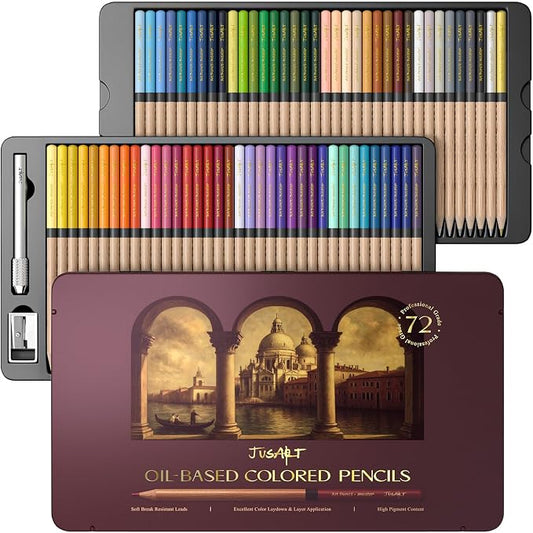 JusArt 72 Oil-Based Colored Pencils – Soft Core, Durable, Vibrant | Ultra-Smooth Oil Pastel Pencils for Adult Coloring, Portrait, Sketching, Landscape. Professional Drawing Pencils for Artists
