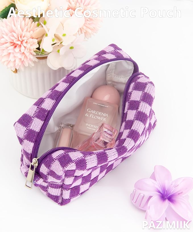 Checkered Makeup Bag for Purse, Small Travel Cosmetic Pouch,Lavender | Cute Zipper Makeup Organizer for Women, Travel Essentials, Toiletries, Makeup Brushes, Beauty Accessories&Bridesmaid Gifts