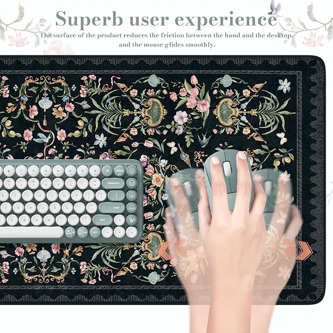 iCasso Large Desk Mat Black,Big Mouse Pad with Stitched Edges,Aesthetic Computer Pad for Desktop,Anti-Slip Keyboard Mat for Women,Floral Desk Cover Protector Work from Office Home Dorm