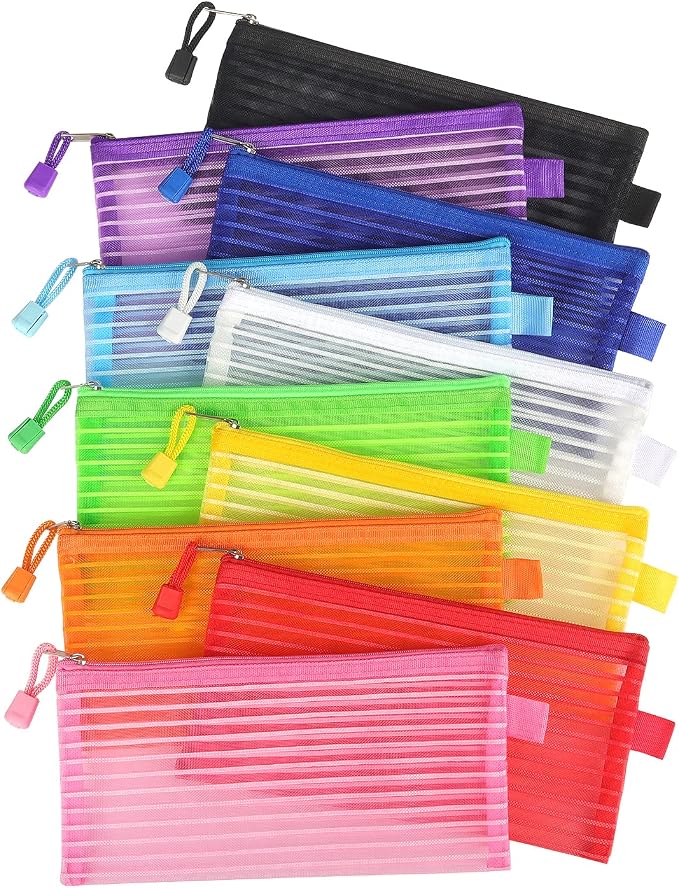 Tamaki 10 Pack Mesh Zipper Pouch Bags, 9'' x 4.7 '', Colorful | Small Pouch Multicolor Pen Bag Multipurpose for Office Supplies Travel Storage Bags
