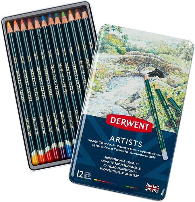 Derwent Artists Colored Pencils, 4mm Core, Metal Tin, 12 Count (32092)