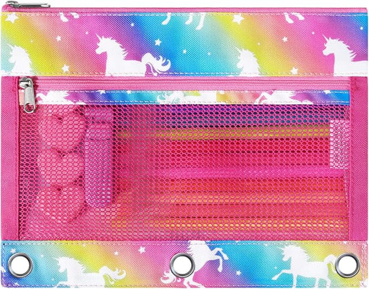 WAWSAM Unicorn Pencil Pouch for 3 Ring Binder, Zipper Pencil Pouch for Girl | 2 Pocket Clear Window Pencil Case, 3 Ring Pencil Pouch for School Supplies, Pencil Bags for Office College