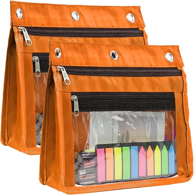 YoeeJob 2 Pack 1 Inch Expandable Zipper Pencil Pouches with Clear Window for 3 Ring Binder, Suitable for School & Office (Orange)