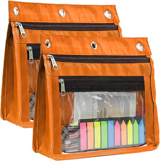 YoeeJob 2 Pack 1 Inch Expandable Zipper Pencil Pouches with Clear Window for 3 Ring Binder, Suitable for School & Office (Orange)