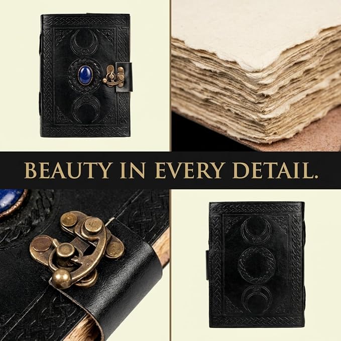cuero 3 Moon Blue Lapis Embossed Vintage Leather Journal | 240 Pages of Antique Handmade Deckle Edge Vintage Paper, Leather Sketchbook, Drawing Journal, Great Gift (6 inch by 8 inch, black)