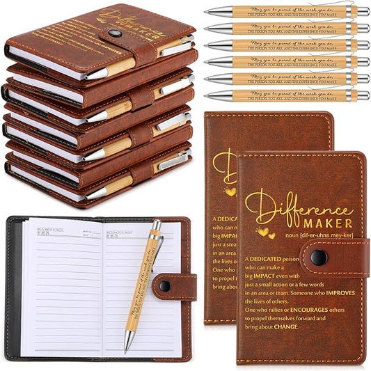Marspark 10 Sets Difference Maker Appreciation Gifts for Men Inspirational A5 Leather Notebooks with Pens Employee Thank You Gifts for Men Women Coworker Nurse Teacher Back to School (Brown)