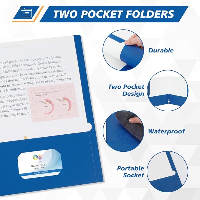 50 Packs Two Pocket Folders,Two Pocket File Folders with Business Card Slot,Blue,Letter Size,Paper Folders with Pockets for School Office Home Business