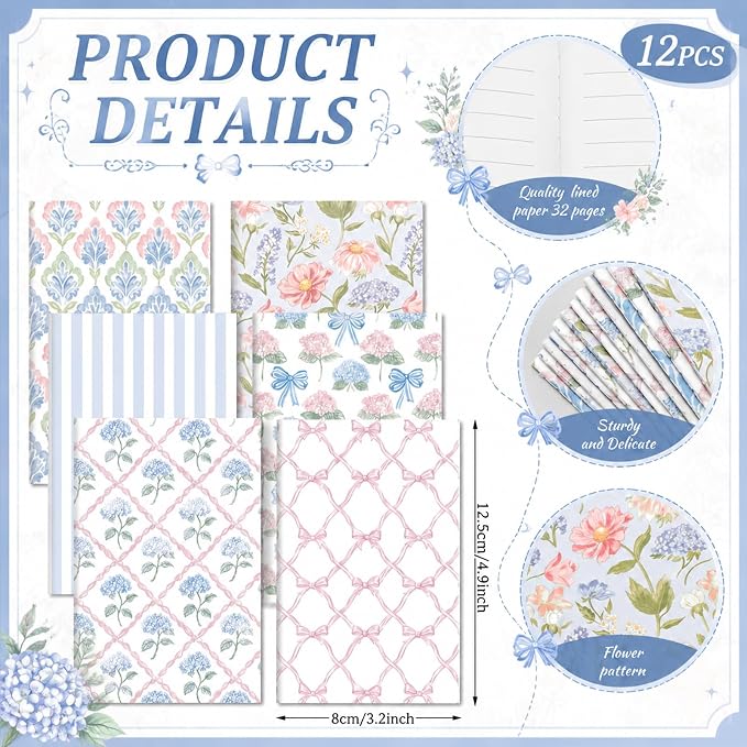 Motiskyy 24 Pcs Blue Hydrangea and Bow Floral Pens Flower Ballpoint Pens Flower Notepads Set Design Line Notebook Employee Gifts Set for Student School Office Supplies, Back to School Gift