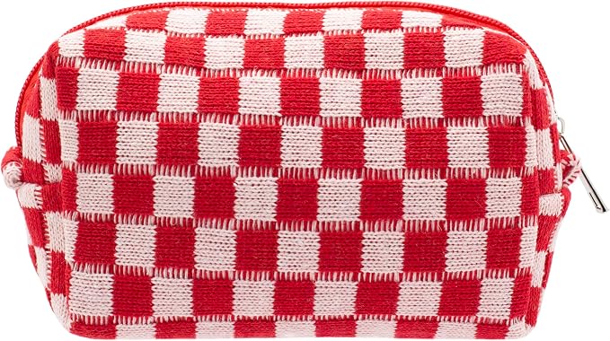 PAZIMIIK Checkered Makeup Bag for Purse, Small Travel Cosmetic Pouch,Red | Cute Zipper Makeup Organizer for Women, Travel Essentials, Toiletries, Makeup Brushes, Beauty Accessories&Bridesmaid Gifts