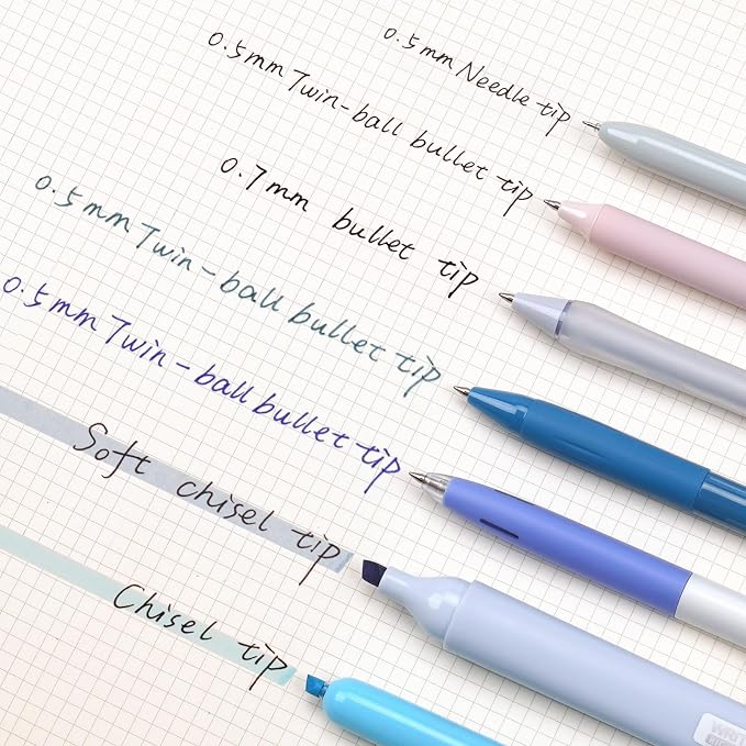 WRITECH Gel Pens Journaling Highlighters: Journal Set Aesthetic Assorted Pastel Color Ink 0.5mm Fine Point Retractable 0.7mm Black Pen Smooth Writing Drawing No Bleed 7ct (Blue)