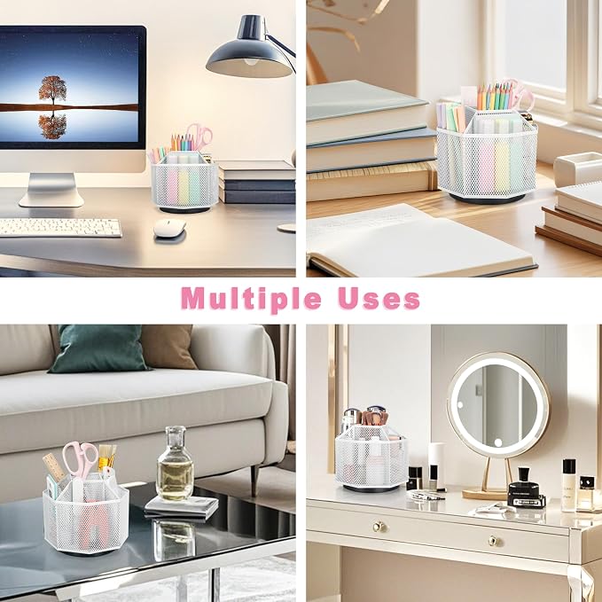 Exerz Desk Organizer 360 Rotating Pen Holder 5 Compartments Caddy White | Smooth Spinning Base with Open Mesh Sections Easy Access to Pens Brushes Scissors Daily Desk Tools