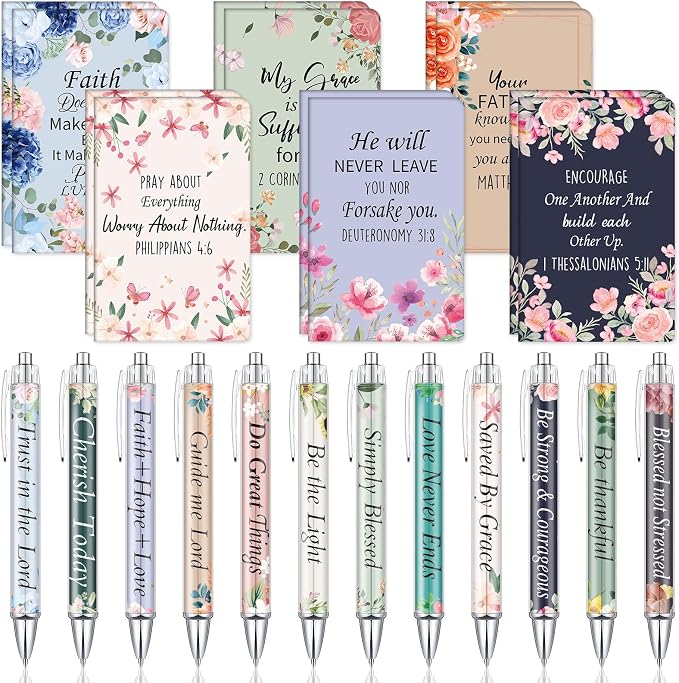 Colarr 12 Sets Christian Bulk Gifts for Women Bible Verse Pens Notebooks Religious VBS Scripture Ballpoint Pens Bookmarks Journal for Easter Sunday School Church Inspirational Supply(Delicate)