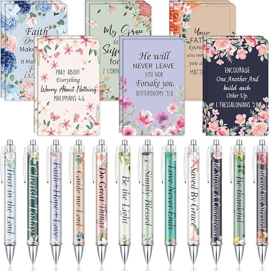 Colarr 12 Sets Christian Bulk Gifts for Women Bible Verse Pens Notebooks Religious VBS Scripture Ballpoint Pens Bookmarks Journal for Easter Sunday School Church Inspirational Supply(Delicate)
