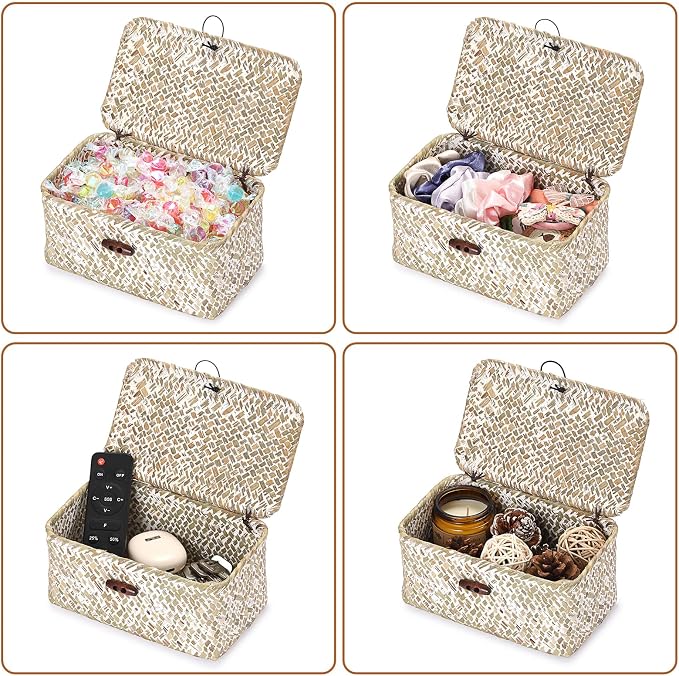 Handwoven Seagrass Basket Wicker Shelf Basket with Lid Rectangular Multipurpose Desktop Organizer Bin for Key Remote Control,Whitewash,7.0"x 4.3" x 3.3"